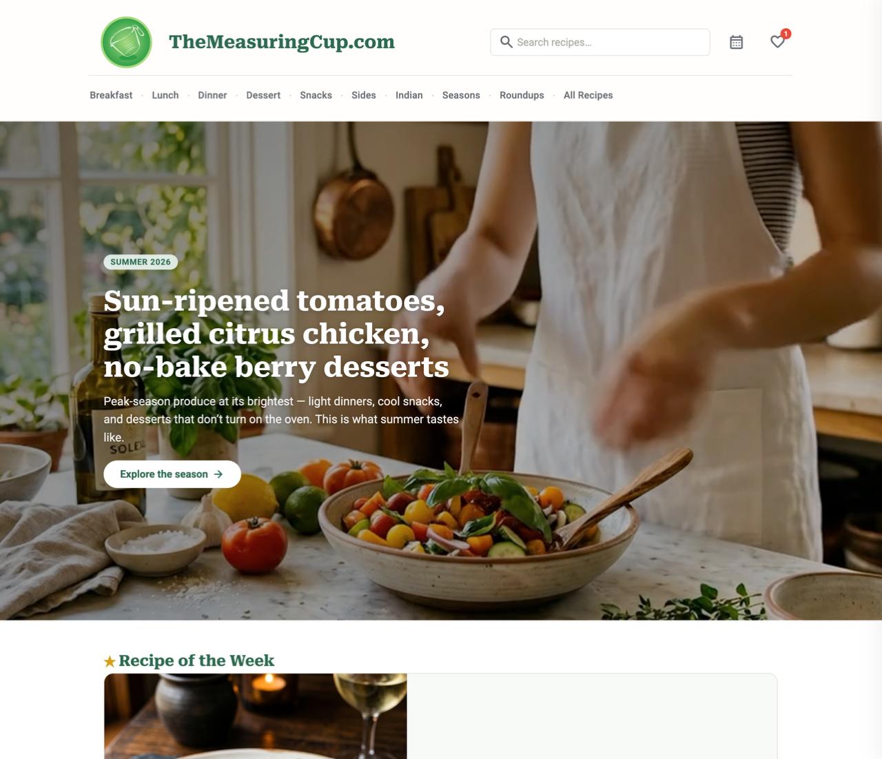 TheMeasuringCup.com screenshot — summer recipe page with hero banner